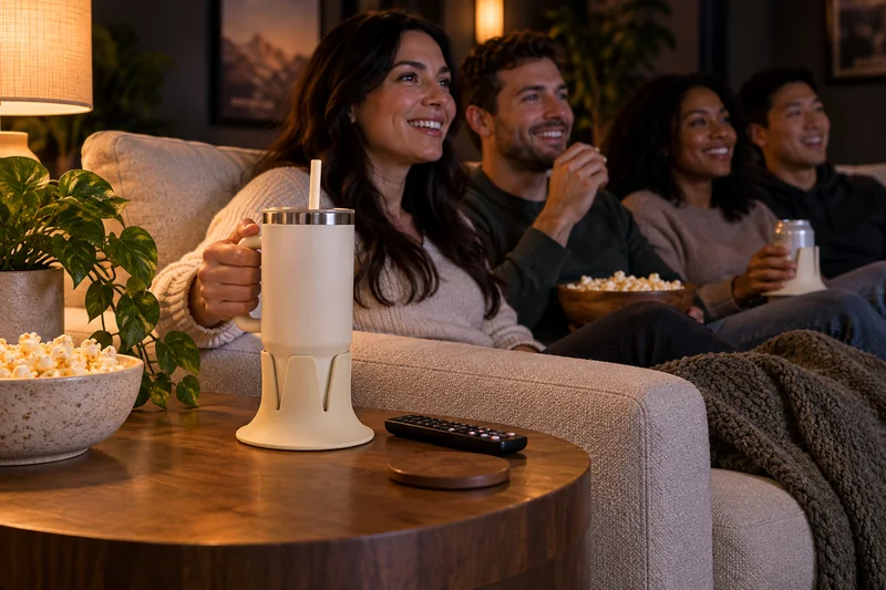 Adults watching movie in home theater soda on broad stable side table by sofa subtly lit. AI lifestyle illustration.