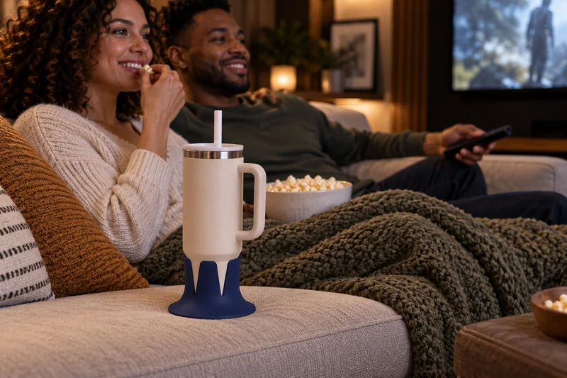 Movie room viewer on sofa straw tumbler on flat firm supported cushion away from hip seam. AI lifestyle illustration.