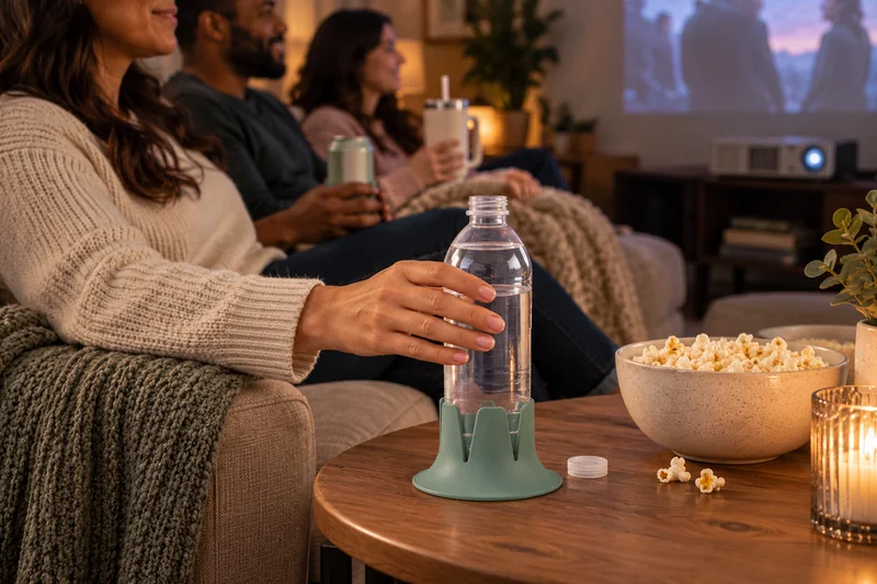 Family movie night adult water on separate wide end table popcorn nearby projector in background. AI lifestyle illustration.