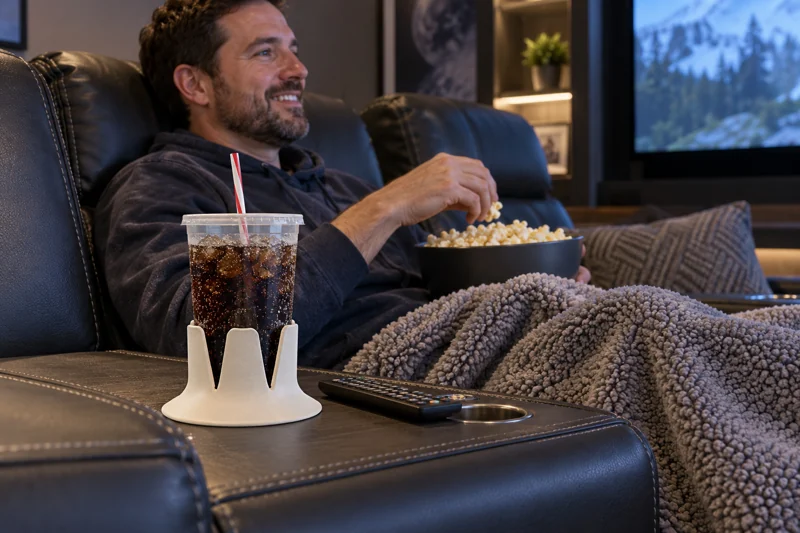 Adult settling in home theater lounge seat with open plastic fountain-soda cup with straw and lid in Steadi on broad firm flat seat-side console fully supporting base within reach. AI illustration.