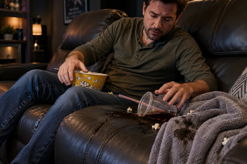 Reaching for popcorn catches cup; soda leaks onto seat cushion and fleece throw. AI illustration.